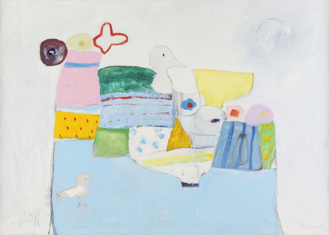 Painting of two small birds and an abstracted pile of objects and flowers in blue, yellow, green, and pink in the center of a white ground