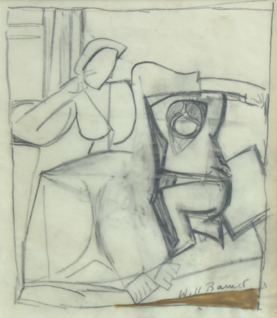 Graphite drawing of two abstracted figures, an adult figure seated with a child hanging off of her arm