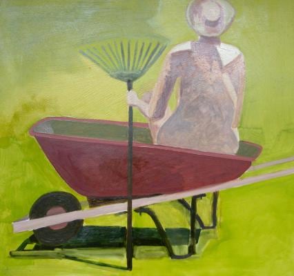Nude in Wheelbarrow Holding Rake, 2005, oil on Masonite, 19 x 21 inches