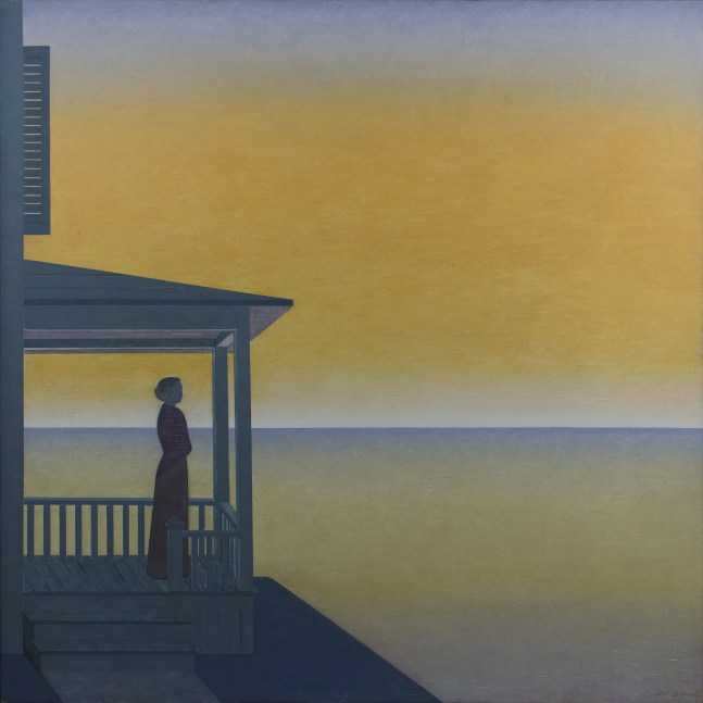 Painting of a woman standing on a porch overlooking the sea in the early dawn light