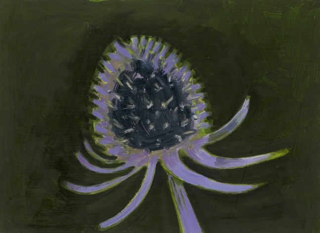 Painting of a plant with a dark blue, spiky head on a dark green ground