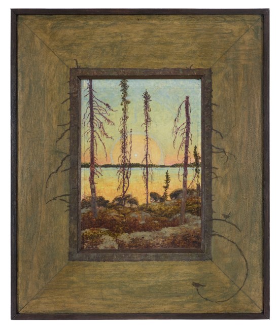 Ozaawaa&amp;ndash;Zhooniyaanzo, 2025, oil on Claybord, 12 1/4 x 10 1/4 inches, including artist&amp;#39;s hand painted frame