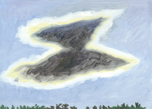 Painting of a large, anvil-shaped cloud in the middle of a blue sky with a line of trees below