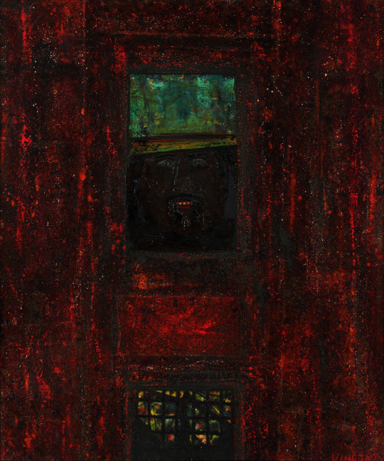 Abstract, expressionist painting with a figure looking out from a window in the center of a dark red, textured ground