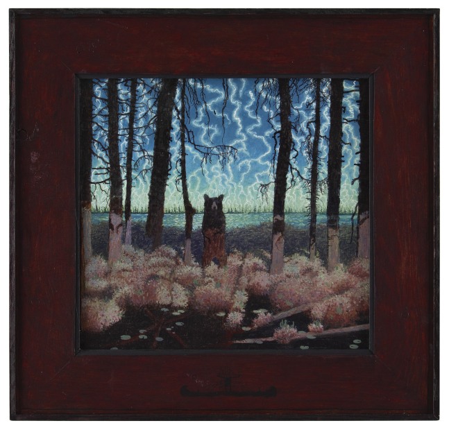 Painting of a brown bear standing on its hind legs in a lightning storm, surrounded by brush and dark trees