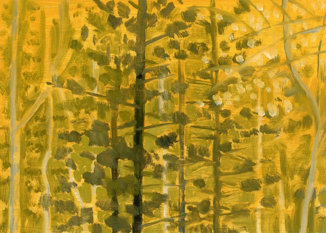 Painting of a group of trees in shades of gold, yellow, and green
