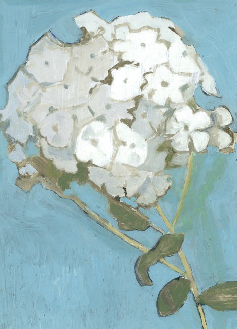 Painting of a head of white flowers on a blue ground