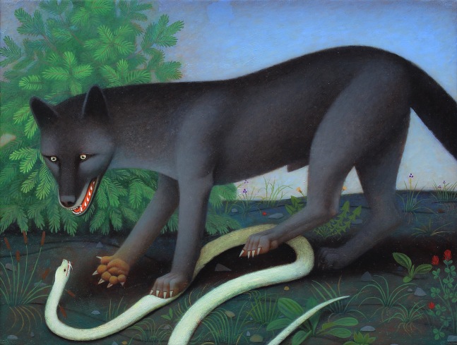 Painting of a black fox-like creature pinning down a white snake with one paw and offering help with the other