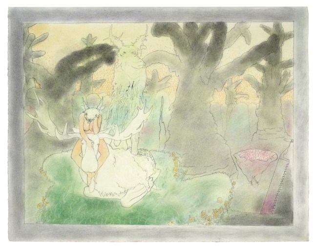 Pastel drawing with a figure with a human body and animal head sitting on top of a large white moose, with a mythical animal-like creature standing behind them in a surreal forest scene