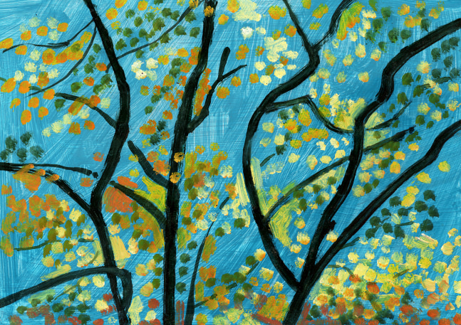 Painting of a view of a black tree with orange, green, and yellow leaves