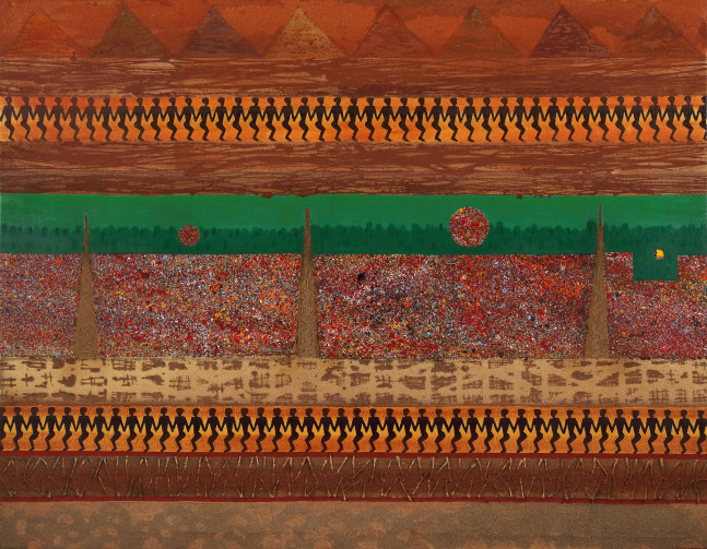 Painting with two rows of figures in an abstracted, desert landscape