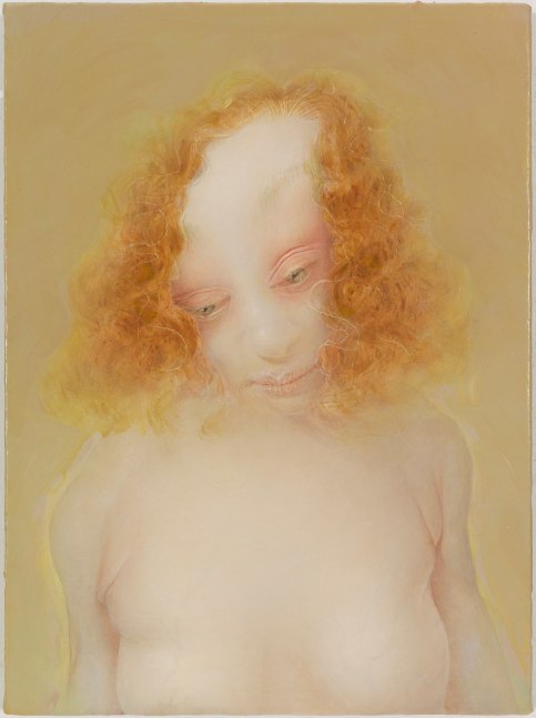 Painting of a nude figure with curly red hair and an atmospheric yellow background