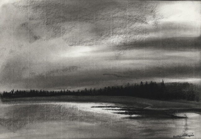 Charcoal landscape drawing of a shoreline with trees and the water under a cloudy sky