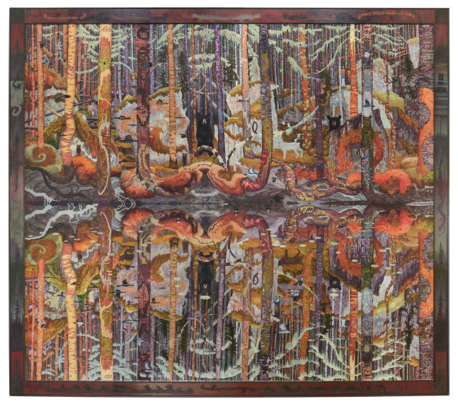 Ojichaagebiishin, 2024, oil on linen, 91 x 103 inches, including artist&amp;#39;s hand painted frame