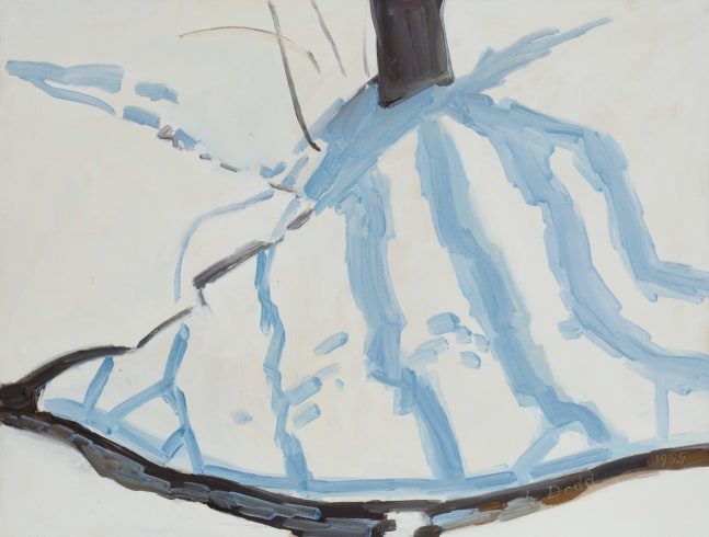 Painting of blue shadows cast by a tree onto snow-covered ground