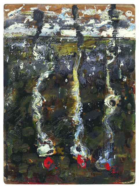 Abstract painting on paper consisting of swaths of painting in black, white, yellow, green and red on a brown surface