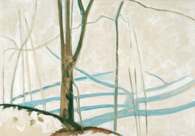 Painting of a winter landscape with a brown tree in the foreground, casting a blue shadow on the surrounding snow