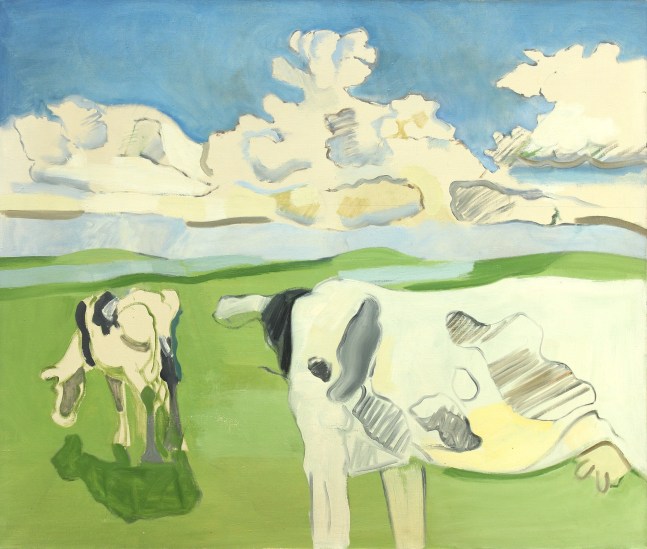 Painting of two abstracted cows in a green landscape with large white clouds in a blue sky overhead
