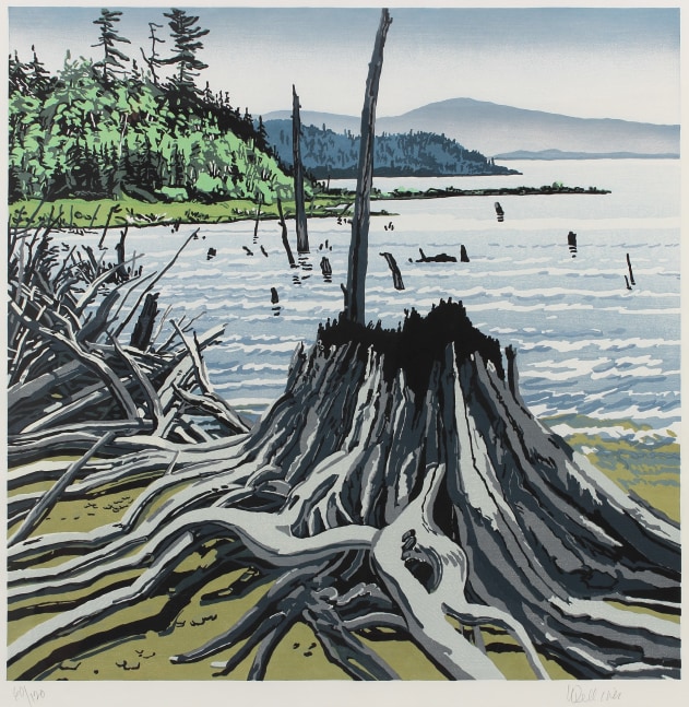 Landscape woodcut of a stump and piles of grey driftwood on a shore, with trees and mountains in the distance