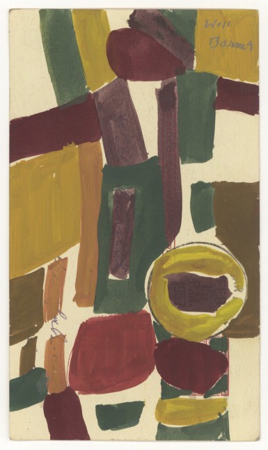 Abstract painting on paper consisting of geometric forms in green, maroon, purple, and orange over an ivory ground