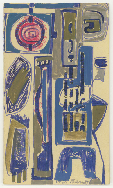 Abstract painting on paper consisting of an arrangement of geometric forms in blue, green, red, and grey on an ivory ground