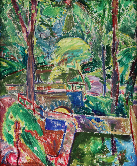 Abstracted landscape painting in green, blue, and red