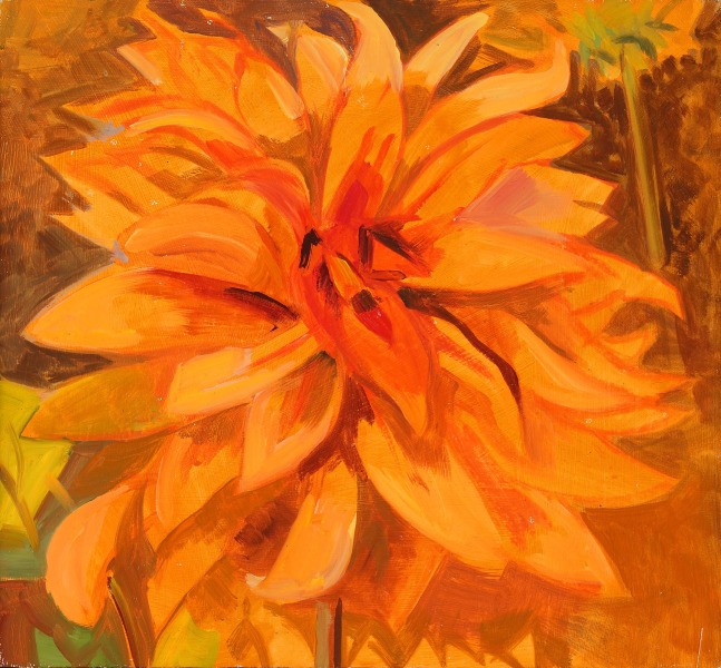 Painting of a large orange flower-head with an orange background