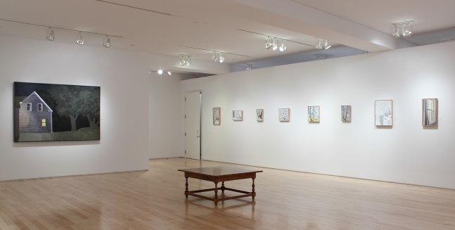 Photograph showing a corner view of an exhibition space, with one large paintings and eight small framed paintings hanging on white walls