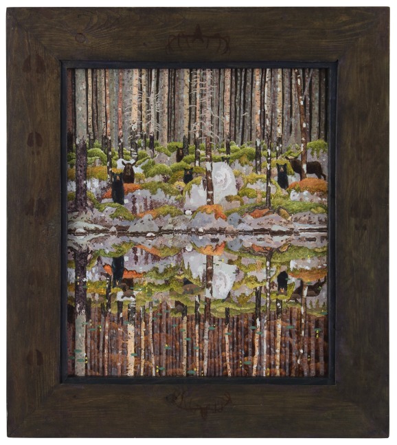 Painting of a forest scene dotted with bears, mirrored in a body of water below