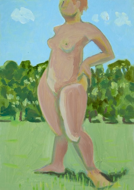 Painting of a nude with hands on hips standing in the grass, with a line of trees in the background