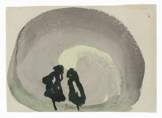 Painting with abstract, organic forms in grey and green