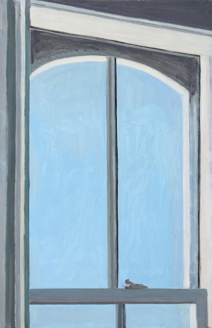 Painting of a window looking out at a clear blue sky