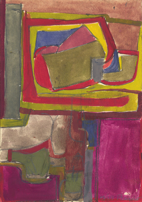 Abstract painting on paper consisting of geometric forms in pink, mauve, green, blue and grey
