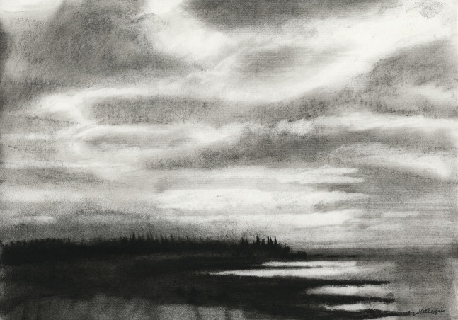 Charcoal landscape drawing of the sky, ocean, and shoreline at dawn or dusk, with faint sunlight coming through the clouds and reflecting on the water