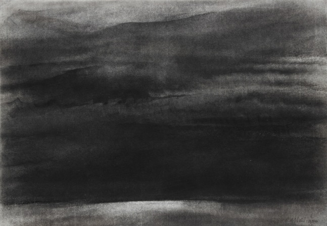 Charcoal landscape drawing of a dark, cloudy sky over the sea