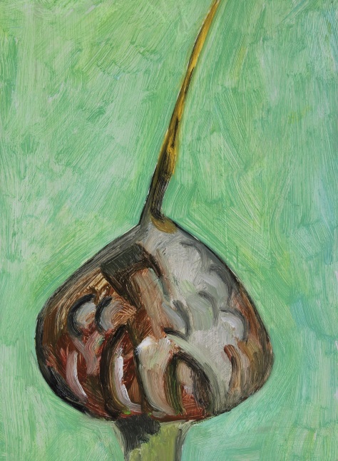 Painting of a brown garlic pod on a green ground