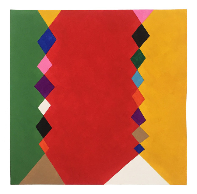 Geometric abstract painting with interlocking shapes of green, red, yellow, brown, white, blue, pink, orange, and purple