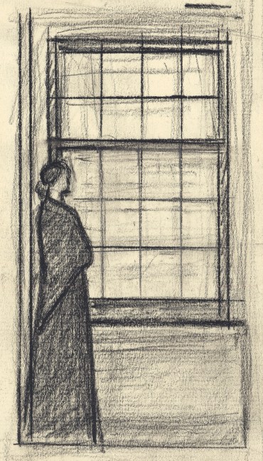 Charcoal drawing of a woman standing beside a large window