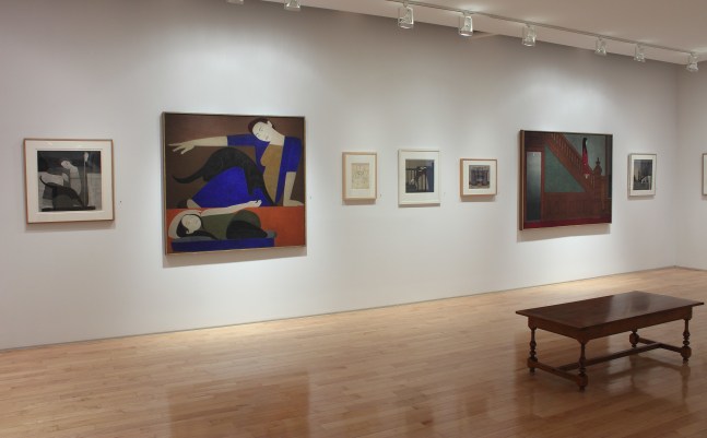 Photograph showing a view of an exhibition space with two large paintings and five framed drawings hanging on a wall