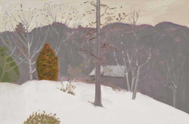 Arbor Vitae + Bill&amp;#39;s House in Jan., 2021, oil on Masonite, 11 7/8 x 18 inches