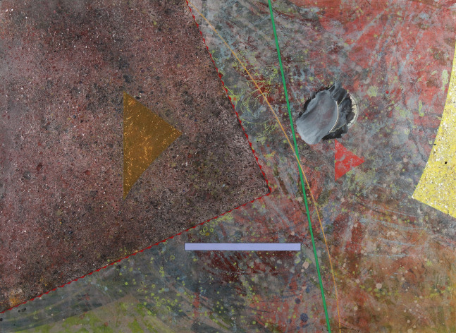 Abstract painting with lines and geometric shapes arranged on a textured, atmospheric surface with washes of blue, red, yellow, and green