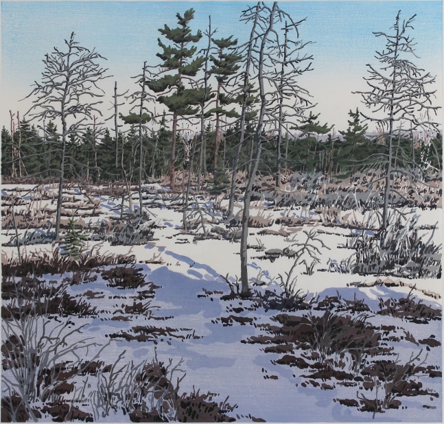 Landscape painting of a snow-covered marsh with a forest in the background