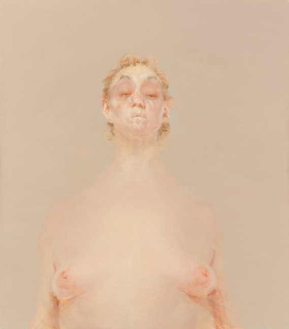 Painting of a nude figure standing against an atmospheric beige background