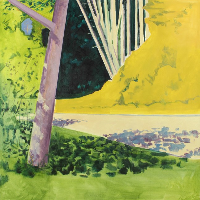 Painting of a purple tree in a green landscape, with a white path and yellow and green foliage in the background