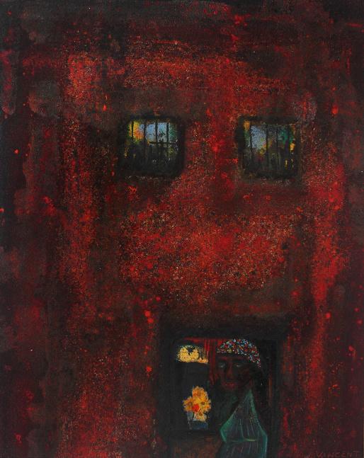 Abstracted, expressionist painting of a figure standing in front of a building with two bar-covered windows and an open door with a vase of flowers inside