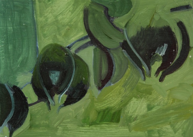 Painting of four black seed pods on a green background