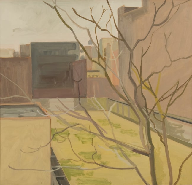 Painting of a view looking across a rooftop over a cityscape, with a leafless tree in the foreground