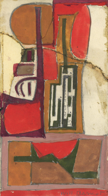 Abstract painting on paper consisting of geometric forms in red, maroon, mauve, green and gold on an ivory ground