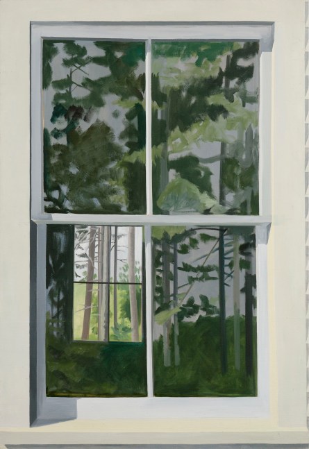 Painting of a window looking through an interior to another window, with trees reflected in the glass