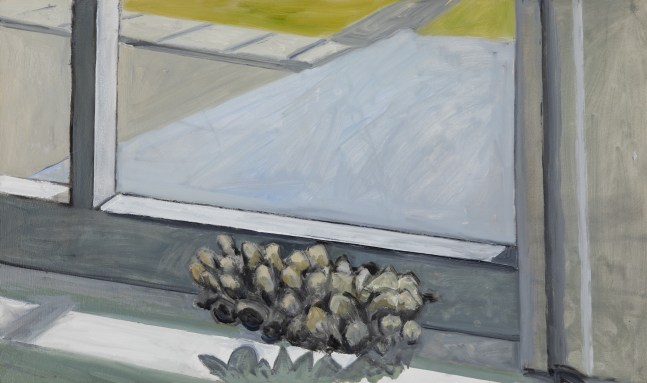 White Pine Cone on Windowsill, 2025, oil on Masonite, 12 x 20 inches
